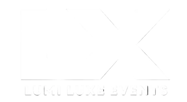 A black square graphic featuring a large white stylized 'LX' logo above the text 'LUMI LUXE EVENTS' in white uppercase letters.
